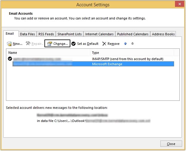 Select the required Outlook profile and click Change