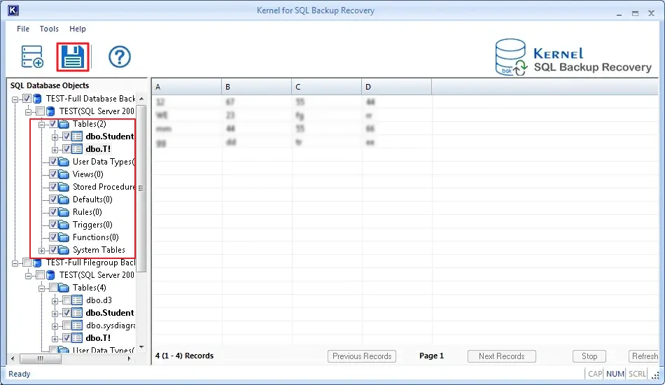 Select the database tables to save