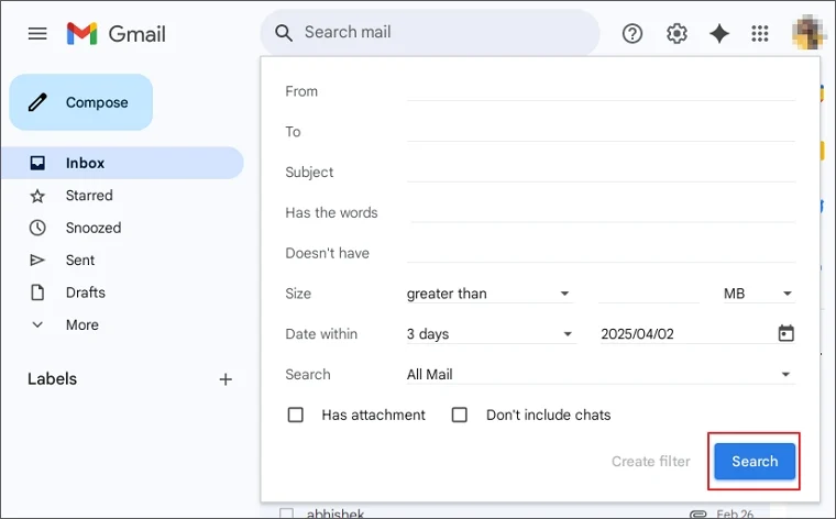 Select to search emails