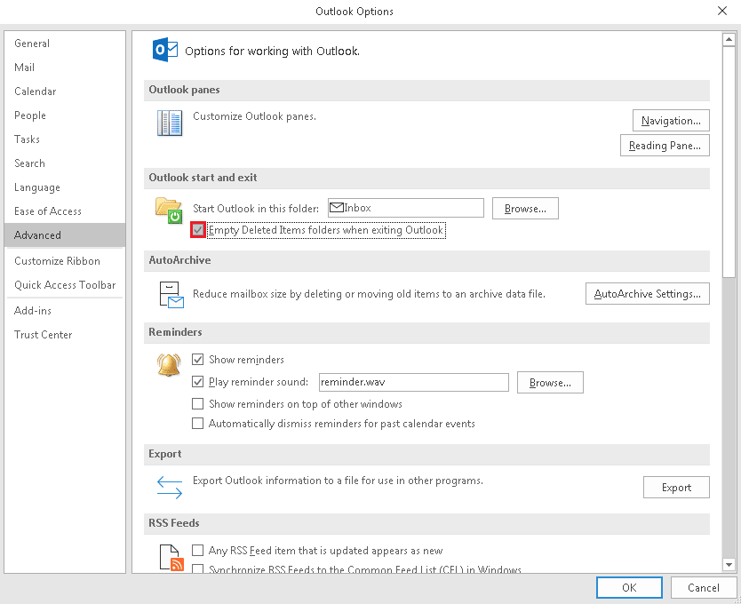 Empty Deleted Items folders when exiting Outlook