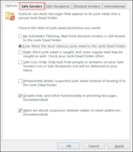 switch to Safe Senders tab in Junk E-mail Options wizard