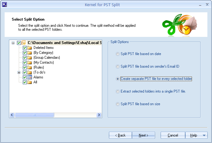 Create separate PST file for every selected folder