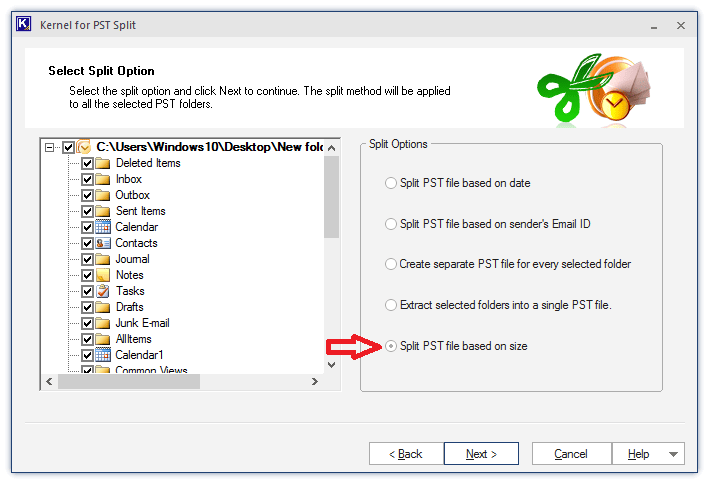 Select Split PST file based on size