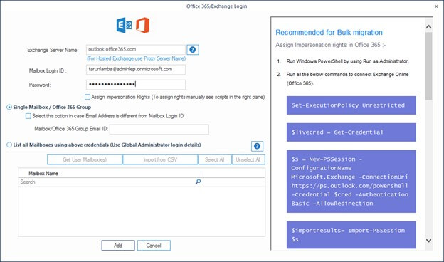 Enter the credentials of the Office 365 user