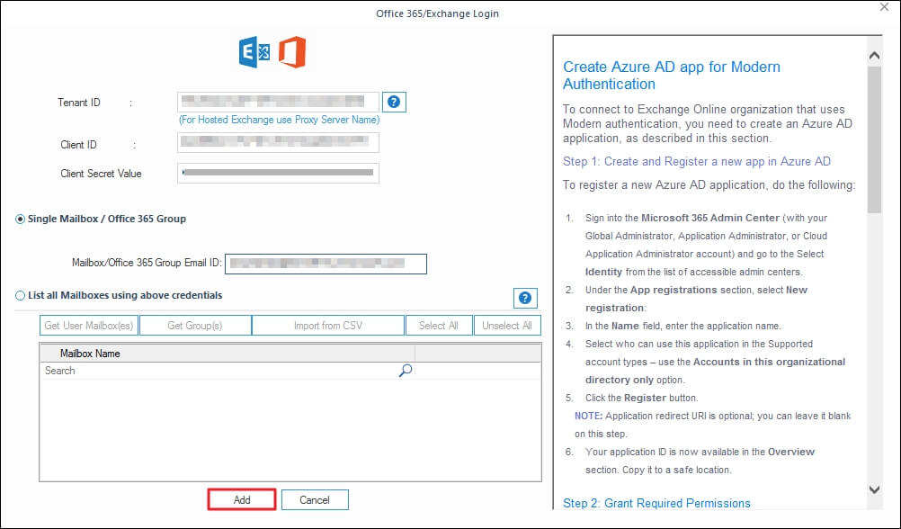 Enter the credentials of the Office 365 user