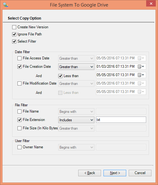 Provide migration options (filters) as required