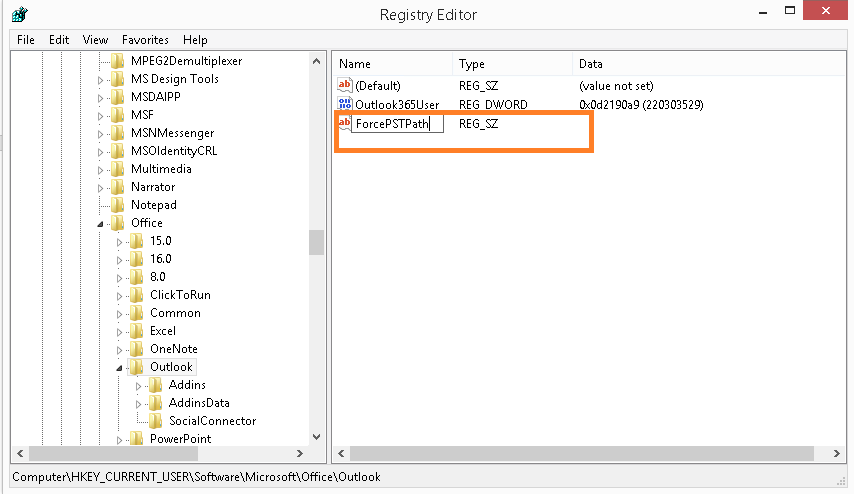 enter Value Name ForcePSTPath 