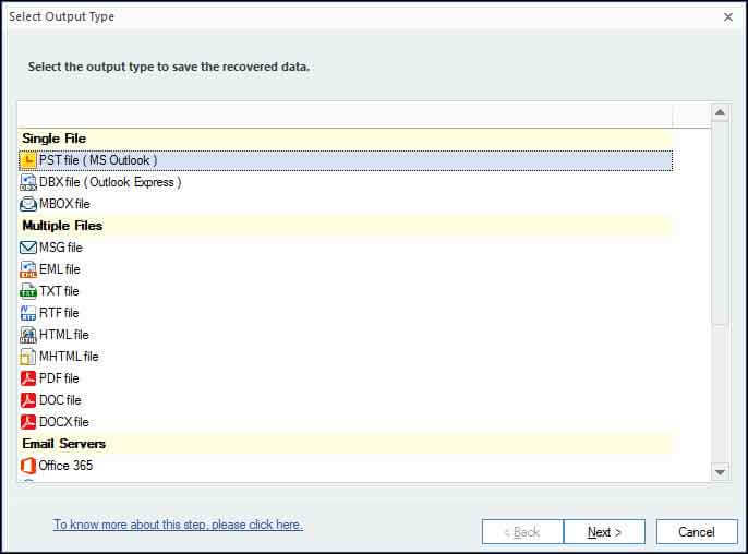 Seleziona uno dei tipi di output per eseguire la migrazione dei dati OLM