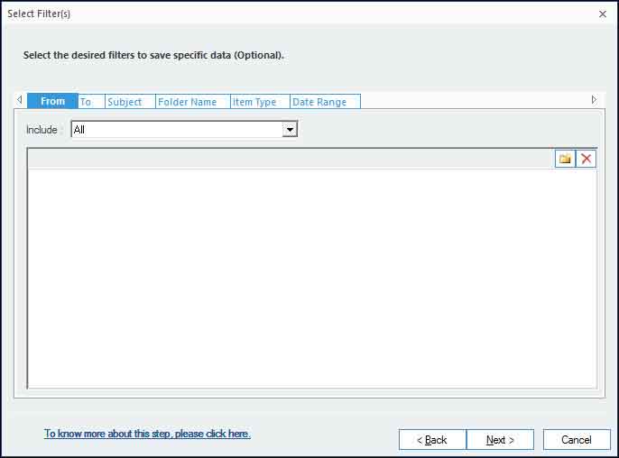 Seleccione Filtro(s) para guardar elementos de datos específicos del archivo OLM