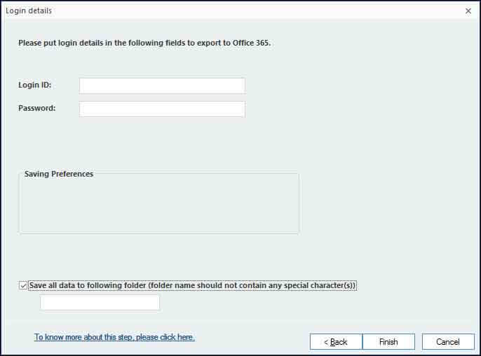 Fornire le credenziali di accesso per il salvataggio dei dati nella cassetta postale di Office 365