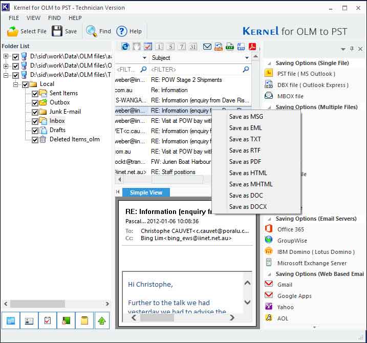 Salva un singolo elemento di posta elettronica (file OLM) in formati MSG, PDF, HTML, MHTML e simili