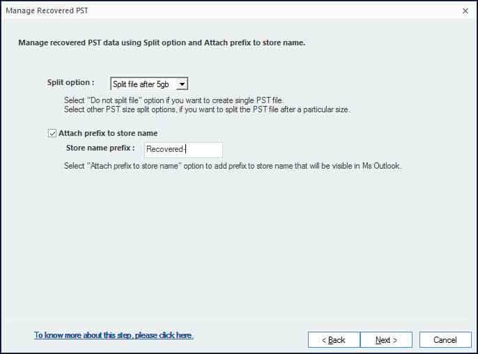 Gestisci il tuo file di output (PST) definendo l'opzione di divisione