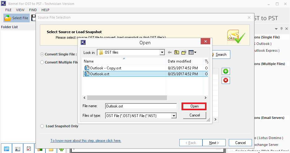 Select the desired OST file from the system drive