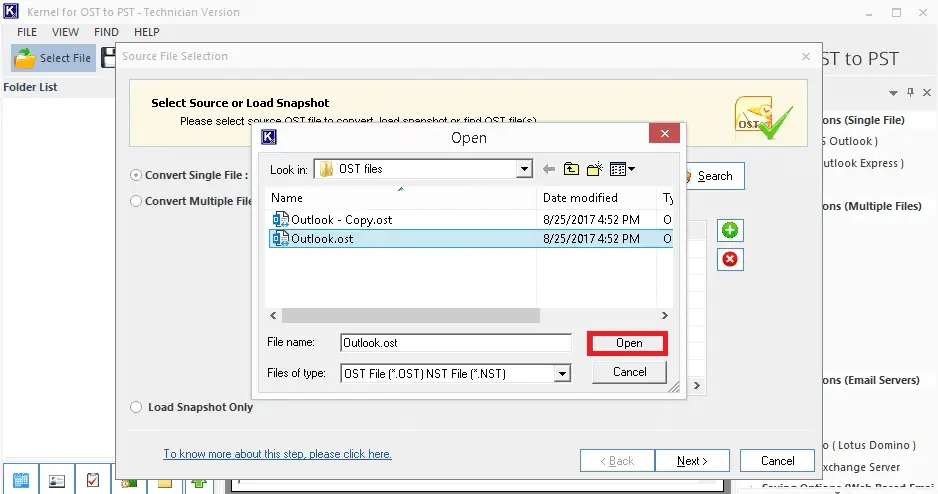 Select the desired OST file from the system drive