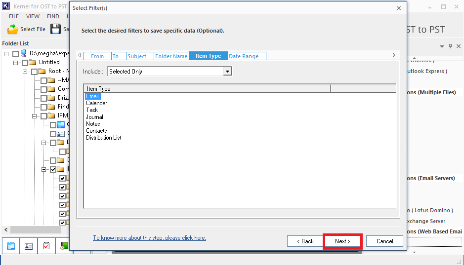 Choose desired filter options for moving specific OST content