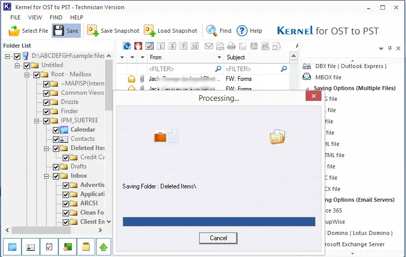 OST to Thunderbird import process in progress