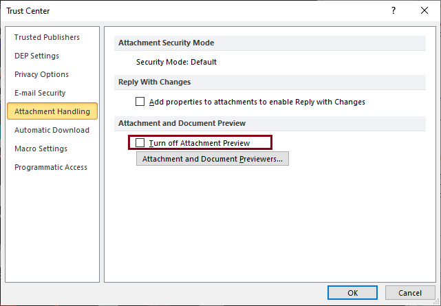 outlook preview settings for attachments