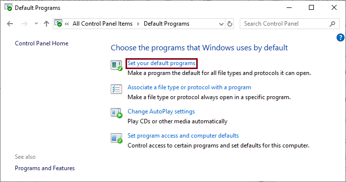 Click on the Set your default programs link