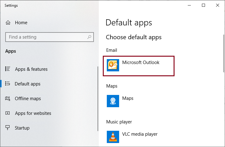 Microsoft Outlook is set as the default email client