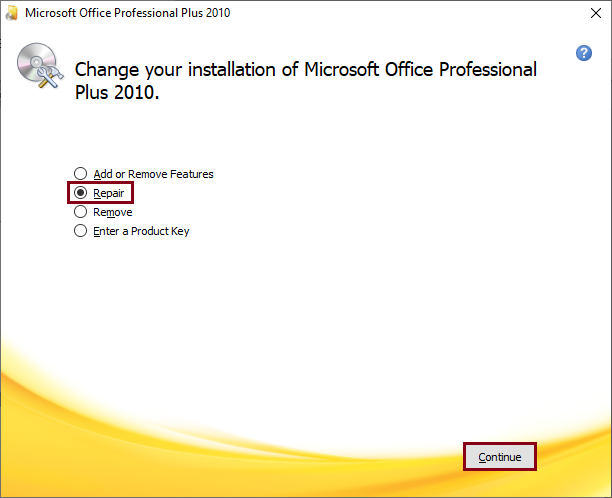 Select Repair and click on the Continue button
