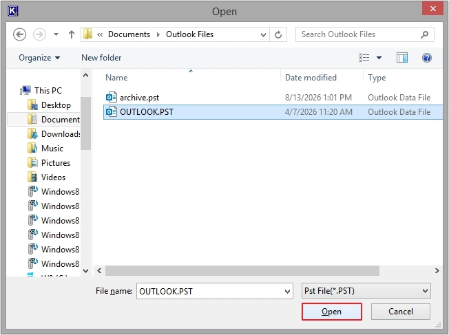 select corrupted pst file
