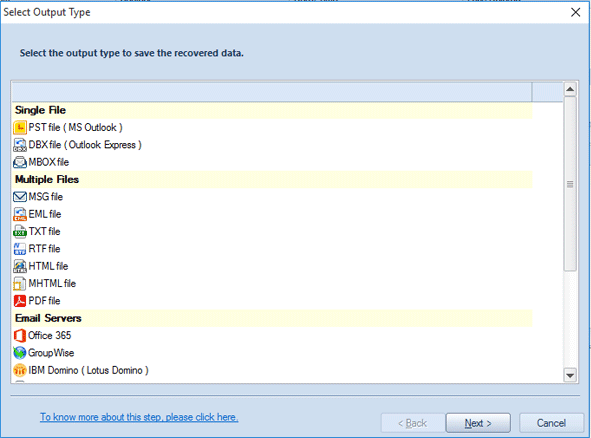 Selezione del tipo di output per salvare i dati dei file PST