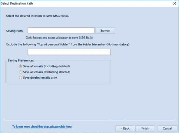 Provide the location to save data into MSG File.