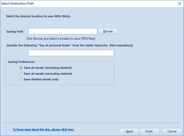 Fornire la posizione in cui salvare i dati nel file MSG.