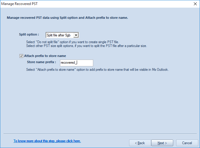 Define the size to split or add prefix to the resultant PST File.