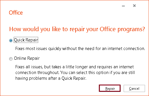 preferences to repair Outlook