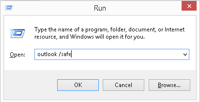 Type outlook /safe and click on Ok