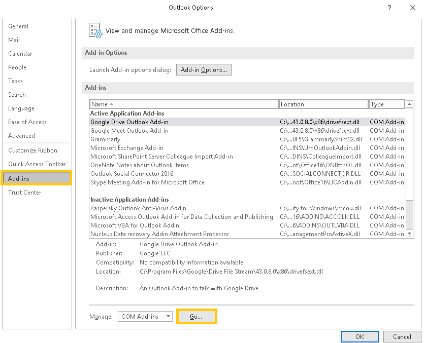 Go option against the COM Add-ins option