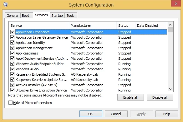 Go to the Services tab and disable all Microsoft services