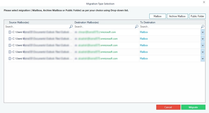 Selecting the type of data for backup, such as primary, archive mailbox, or public folder