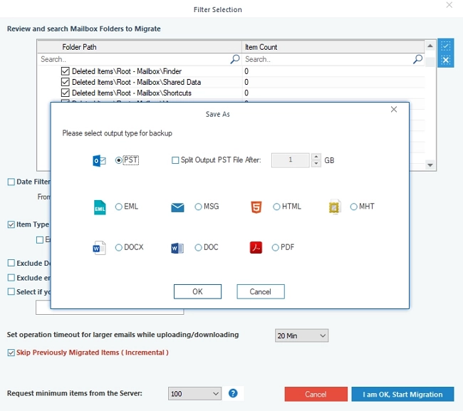 Selecting a location on the system to save the backup PST file