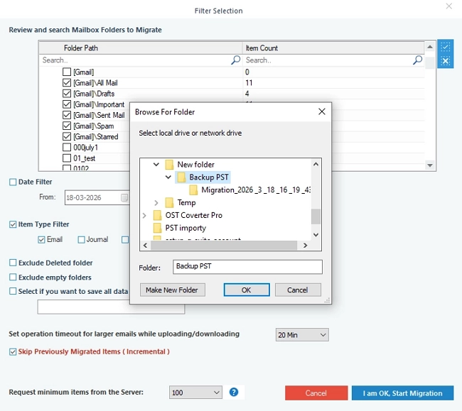 Successful completion of Exchange mailbox backup to PST