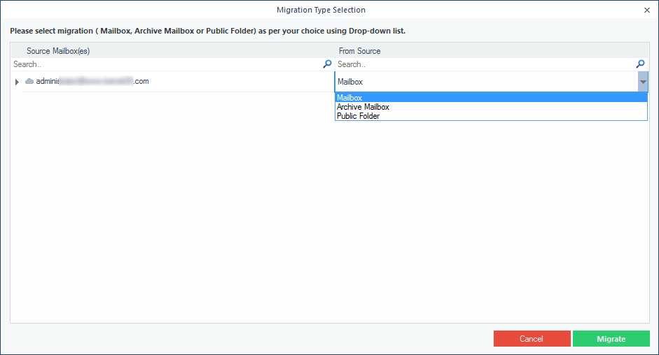 Selecting the type of data for backup, such as primary, archive mailbox, or public folder