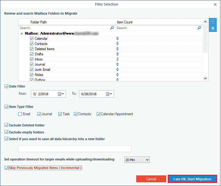 Setting the filters to Exchange mailbox for specific data backup