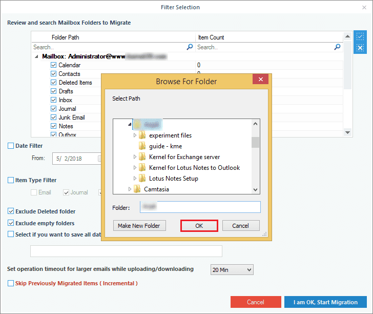 Selecting a location on the system to save the backup PST file