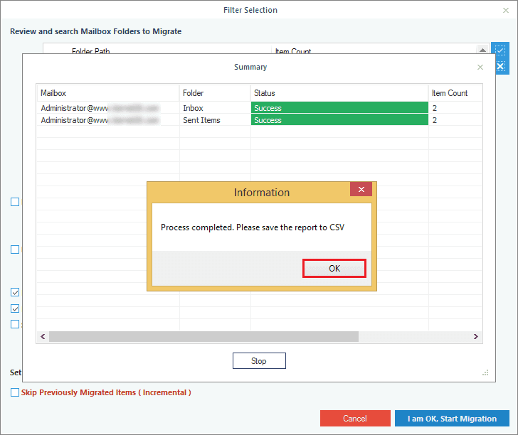 Successful completion of Exchange mailbox backup to PST