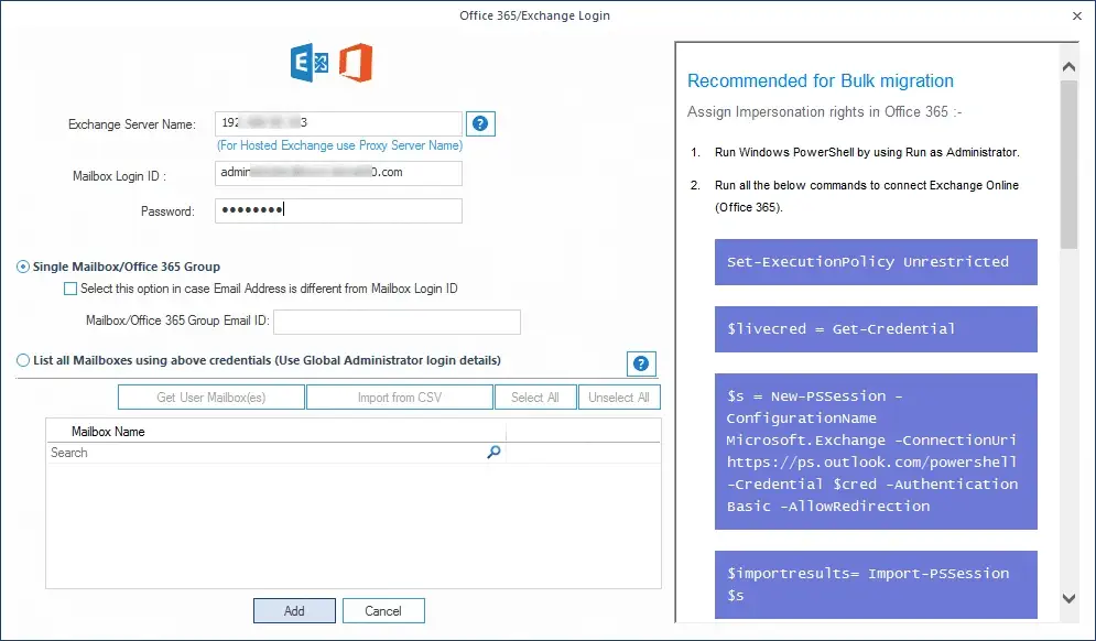 Adding Exchange server with right credentials