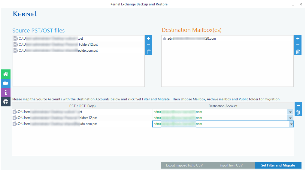 Selecting the Exchange Mailboxes to restore the PST files.