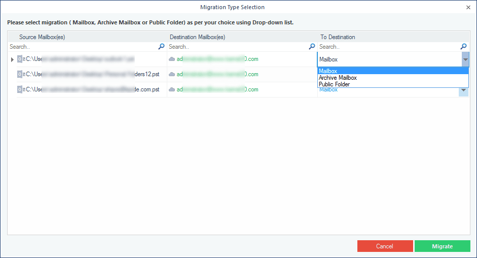 Select the type of mailbox to restore the PST file