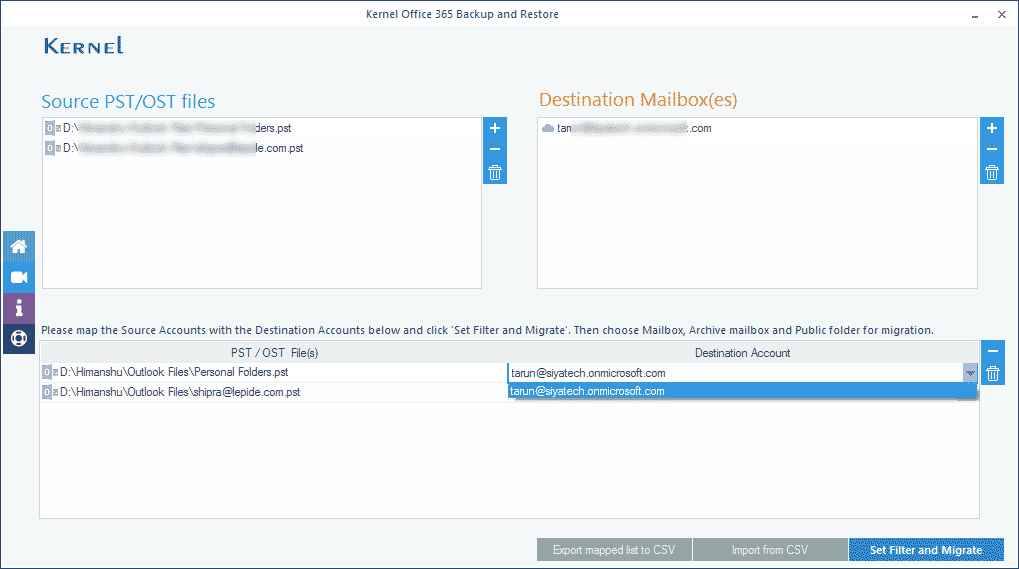 Map the PST files to the Office 365