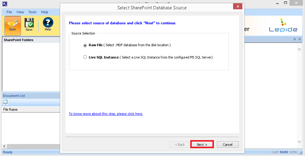 The welcome screen of the Kernel for SharePoint Server Recovery tool