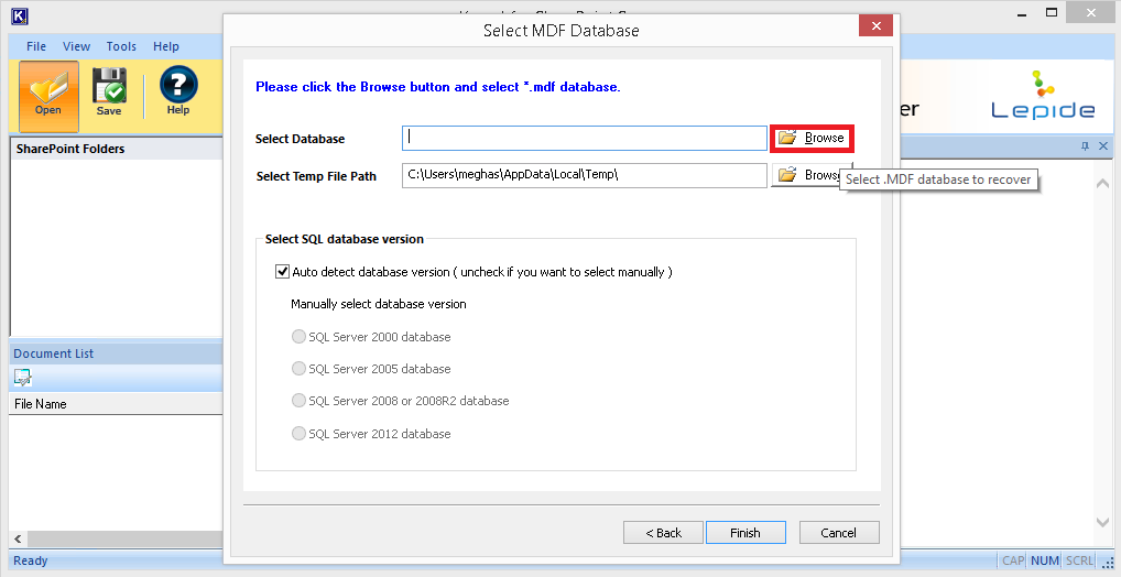 Using the Browse feature to add the SharePoint Server database file