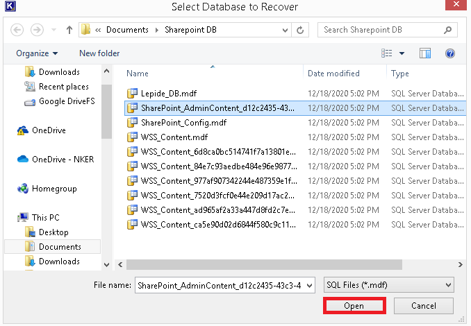 Selecting SharePoint Server database file from the source folder