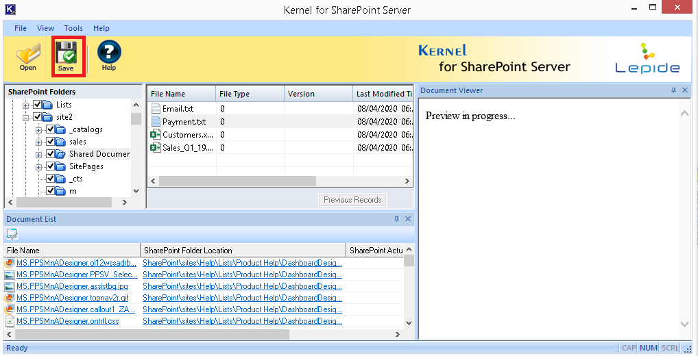 Previewing content from the recovered SharePoint database file