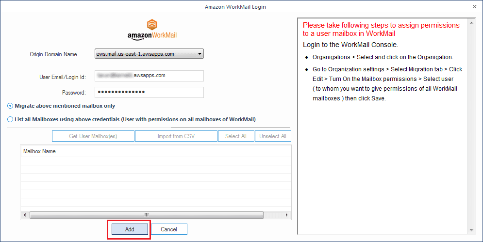 Providing Amazon WorkMail credentials