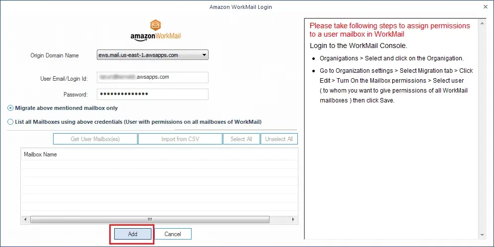 Providing Amazon WorkMail credentials